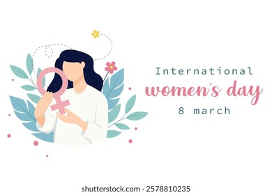 Happy International Women's Day. Vector Illustration of Women with sign. 