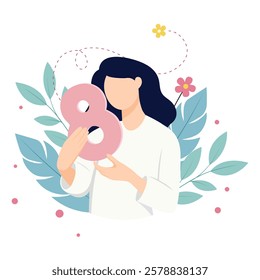 Happy International Women's Day. Vector Illustration of Women holding 8 