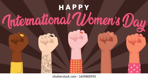 Happy International Women's Day. Woman fists raised embracing Women Power. EPS 10