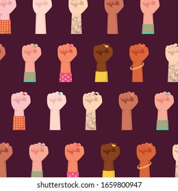 Happy International Women's Day. Woman fists raised embracing Women Power. EPS 10