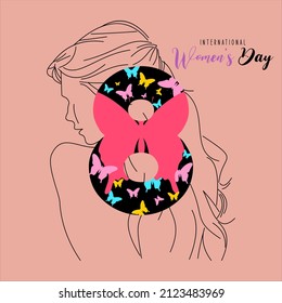 happy international women's day, with woman silhouette and line art, butterfly and daisy flower, free vector graphics