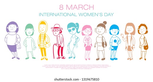 happy international women's day, women cartoon vector illustration, poster or banner design
