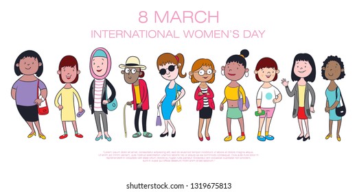 happy international women's day, women cartoon vector illustration, poster or banner design