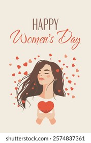 Happy International Women's Day. Young woman holding a heart in her hands on a background of small hearts. Warm color palette. Vector postcard in gentle tones with space for text for banner, postcards