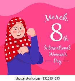 Happy International Womens Days 8 March, Hijab Girl Poses We Can Do It Symbol of Female Power Illustration Vector Cartoon