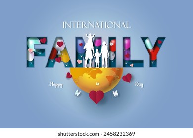 Happy International World family Day with Mom and Father, Children's, Love of Father and Mother for Children, Vector Illustration Paper art and  paper cut, For World Parents Day, World family Day.