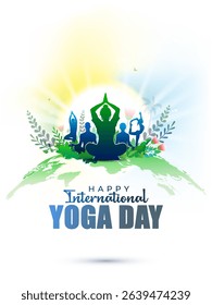 Happy International yoga day card design. Group of diverse people yoga postures and exercise vector illustration.