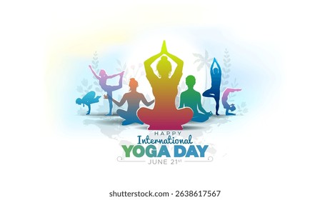 Happy International yoga day concept. Yoga invitation banner, card design. Human silhouette illustration of yoga and exercise pose.