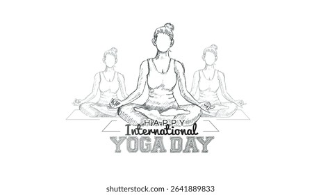 Happy International Yoga Day. Drawing illustration of Yoga body posture. Group of people practicing yoga background.