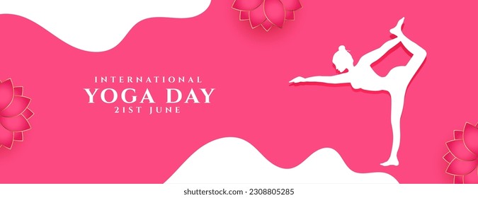 happy international yoga day posture banner with flower design vector
