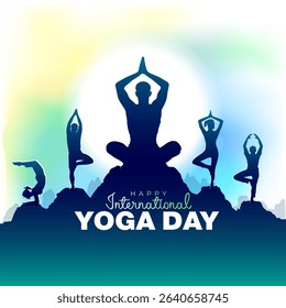Happy International Yoga Day. Silhouette Vector illustration of Yoga body posture. Group of people practicing yoga background.