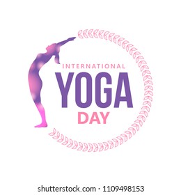 Happy international yoga day with woman silhouette and floral wreath. isolated on white background.