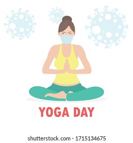 Happy international yoga day with woman doing asana and wearing medical masks to prevent disease coronavirus (2019-nCoV) COVID-19 isolated on white background. 21 june- yoga body posture, vector.