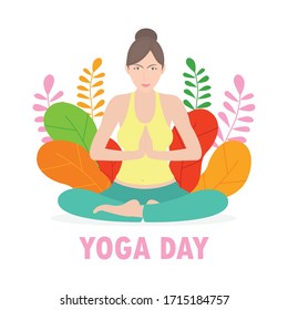 Happy international yoga day with woman doing asana isolated on white background. 21 june- yoga body posture, Woman practicing yoga.vector illustration.