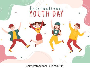 Happy International Youth Day Cute Cartoon Illustration with Young Boys and Girls For Campaign in Flat Style Background