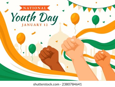 Happy International Youth Day of India Vector Illustration with Indian Flag and Young Boys or Girls Togetherness in Flat Kids Cartoon Background