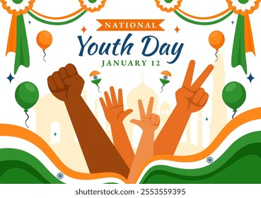 Happy International Youth Day in India Vector Illustration Celebrating 12 January with an Indian Waving Flag in a Flat Style Cartoon Background