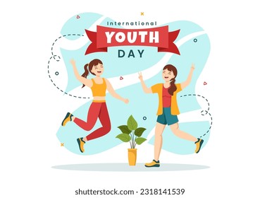 Happy International Youth Day Vector Illustration with Young Boys and Girls Togetherness in Flat Cartoon Hand Drawn Cute Background Templates