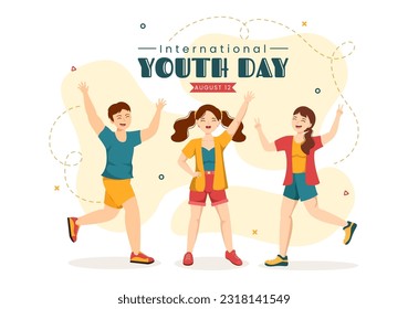 Happy International Youth Day Vector Illustration with Young Boys and Girls Togetherness in Flat Cartoon Hand Drawn Cute Background Templates