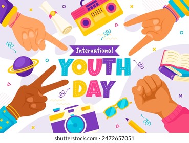 Happy International Youth Day Vector Illustration featuring Young Boys and Girls Together in a Flat Style Cartoon Background