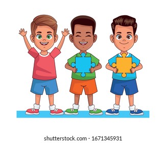 happy interracial boys with puzzle pieces avatars characters vector illustration design