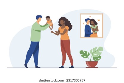 Happy interracial couple with baby vector illustration. Young father handing multiracial child to mother, parents taking care of baby. Interracial family, parenthood, love concept