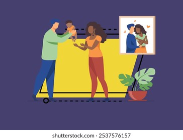 Happy interracial couple with baby vector illustration. Young father handing multiracial child to mother, parents taking care of baby. Interracial family, parenthood, love concept