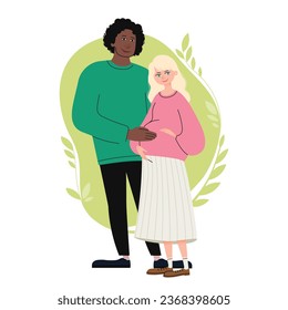 A happy interracial couple expecting a baby. A caring husband boyfriend embraces his pregnant wife girlfriend. Family concept waiting for a child. Caring husband holding the belly of his pregnant wife