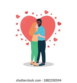 Happy interracial couple flat color vector detailed characters. Boyfriend hugging smiling girlfriend. Valentines day isolated cartoon illustration for web graphic design and animation