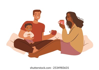 Feliz pareja interracial con hijo disfrutando de una taza de bebidas calientes. Familia diversa aislada en blanco. Ilustración vectorial plana dibujada a mano.