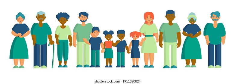 Happy interracial family Father, mother grandparents and children Son, daughter and parents Flat vector illustration