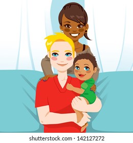 Happy interracial family of white husband and black wife with their mixed race child