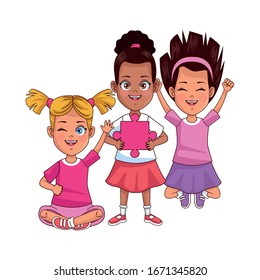 happy interracial girls with puzzle piece characters vector illustration design