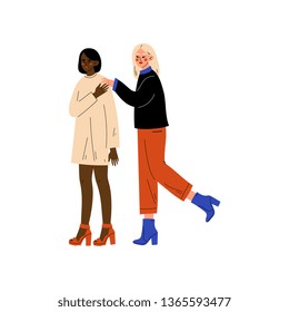 Happy Interracial Lesbian Couple, Romantic Homosexual Relationship Vector Illustration