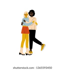 Happy Interracial Lesbian Couple, Two Hugging Women, Romantic Homosexual Relationship Vector Illustration