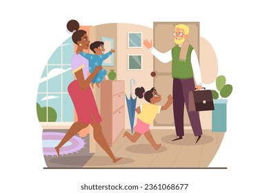Happy interracial mixed family. Black afro american mother and kids welcoming white caucasian father from work. Biracial couple, mom and dad with son and daughter. Flat vector illustration