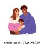 Happy interracial mixed family portrait with parents and child. International mother, father, kid. Biracial couple, mom and dad with son. Flat vector illustration isolated on white background.