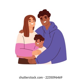 Happy interracial mixed family portrait with parents and child. International mother, father, kid. Biracial couple, mom and dad with son. Flat vector illustration isolated on white background.