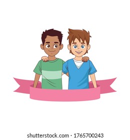 happy interracial young boys avatars characters vector illustration design