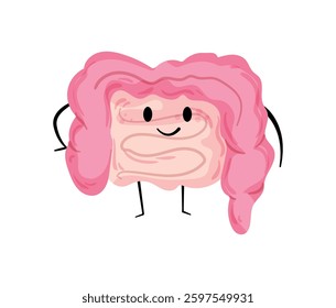 A happy intestine character in pink tones with a smiling expression and cute details.