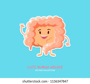 Happy intestines icon. Intestines cute character. Human organ intestines sticker design. Medical personage vector illustration. Illustration for anatomy education for children. Human body organ icon. 