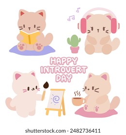 Feliz Día del Introvertido. Lindos Gatos Kawaii Disfrutando De Pasatiempos. Gatos Kawaii Celebrando el Día del Introvertido. Adorables Ilustraciones. Personajes de gatos lindos y aficiones.