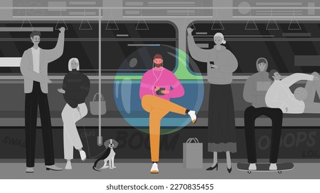 Happy introvert inside bubble of personal space vector illustration. Cartoon young unsocial man with phone isolated in protective transparent sphere, characters sitting on seats of subway train