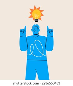 Happy inventor with light bulb. Discovery and invention concept. Colorful vector illustration
