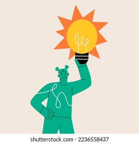Happy inventor  with light bulb. Discovery and invention concept. Colorful vector illustration

