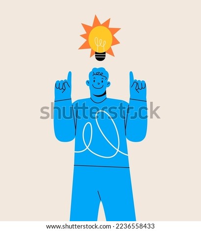 Happy inventor with light bulb. Discovery and invention concept. Colorful vector illustration
