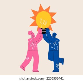 Happy inventor woman and man with light bulb. Discovery and invention concept. Colorful vector illustration
