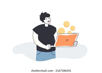 Happy investor holding laptop with flying gold coins. Man earning bitcoins flat vector illustration. Cryptocurrency, mining, financial profit concept for banner, website design or landing web page