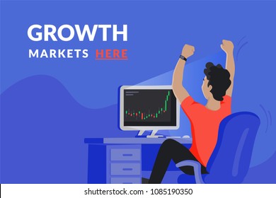 Happy investor sitting at his home workdesk and looking at computer screen with growing market graph and rejoices of increasing the deposit. Growth market cover for cryptocurrency networks and news