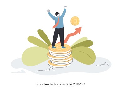 Happy investor standing on stack of bitcoins near rising arrow. Tiny person investing in crypto currency flat vector illustration. Investment concept for banner, website design or landing web page